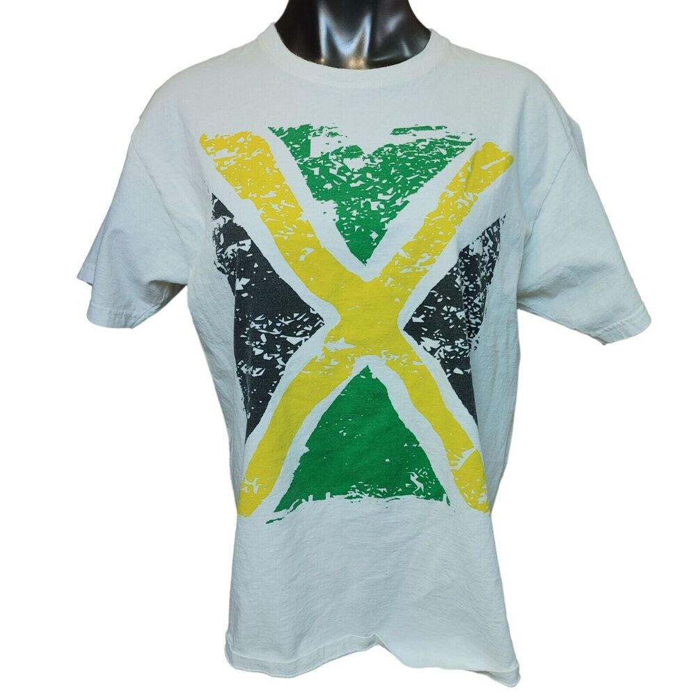 Sun island Men's White Cotton Jamaican Flag graphic T-shirt Large